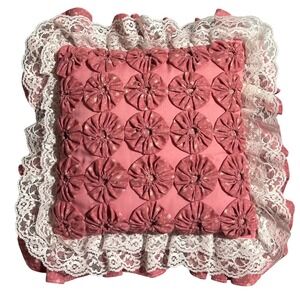 Vintage Handmade Pink Yo-Yo Rosette Decorative Throw Pillow White Lace Trim 13"